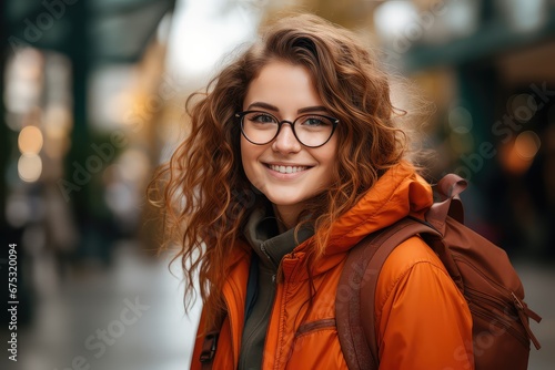 Dziewczyna w pomarańczowej zimowej kurtce z plecakiem podróżująca i zwiedzająca świat.  © Bear Boy 