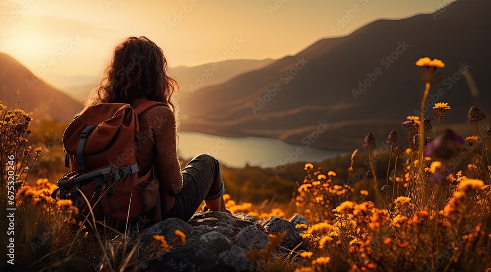 Dziewczyna z plecakiem podróżująca po górach odpoczywa z widokiem na morze.   - obrazy, fototapety, plakaty 