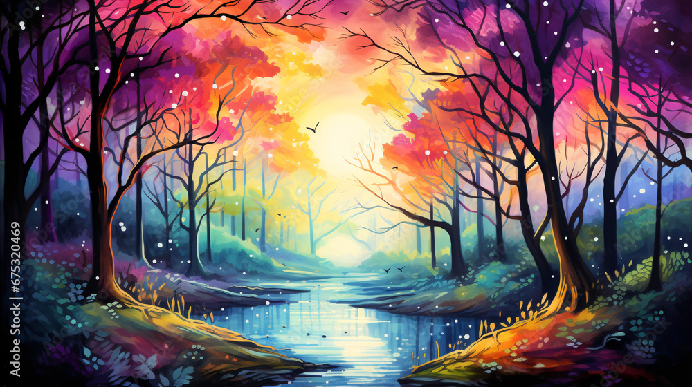 Painting of a Beautiful Colorful Forest