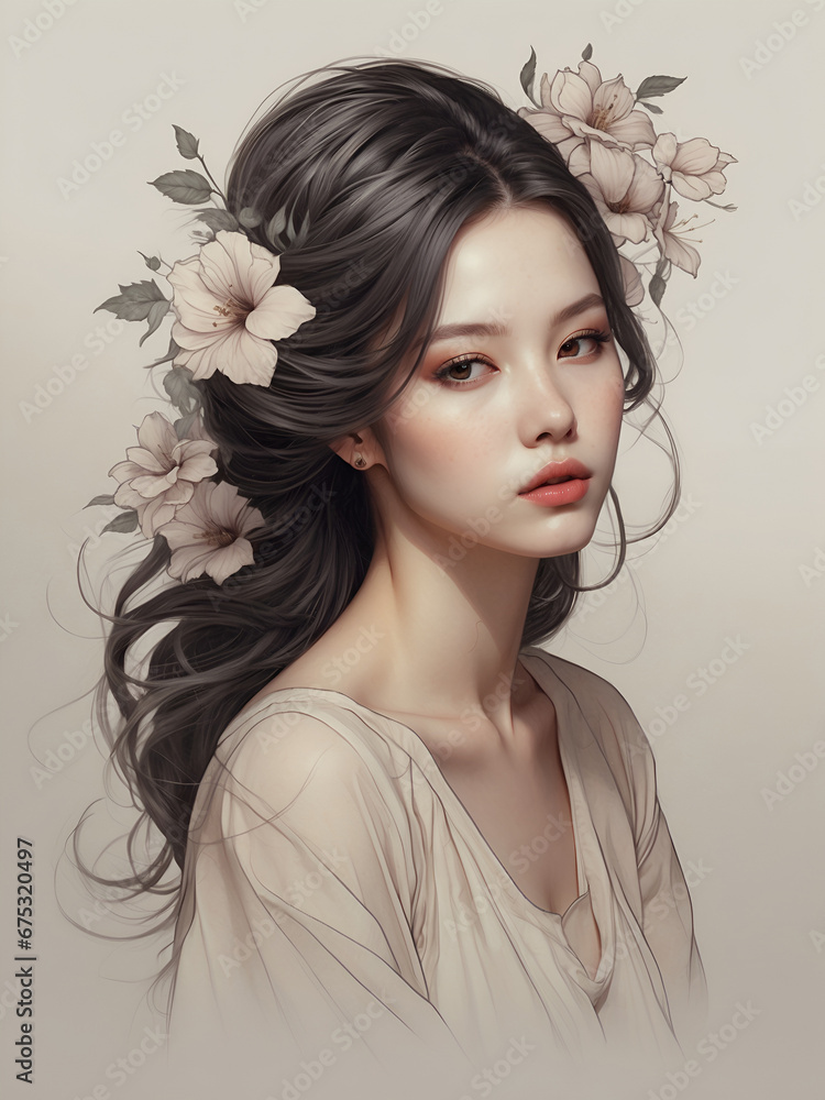 thin line drawing sketch of a beautiful woman with flowers in her hair thin line drawing sketch of a beautiful woman with flowers in her hair