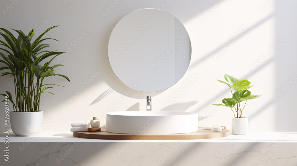 White bathroom interior design, countertop washbasin with faucet on white counter and round mirror in modern minimal washroom, front view with sunlight, 3D illustration. - obrazy, fototapety, plakaty 