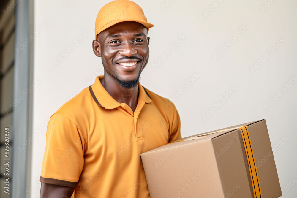 A friendly delivery man delivering a package parcel box, giving fast delivery service, transportation and logistics concept. A friendly delivery man delivering a package parcel box, giving fast delivery service, transportation and logistics concept.