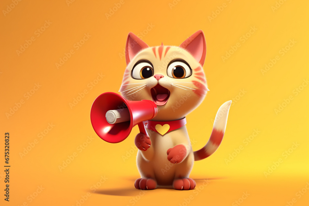 Cute cartoon character ginger cat holding red loudspeaker isolated on yellow background, pet food or veterinary clinic promotion advertising concept.