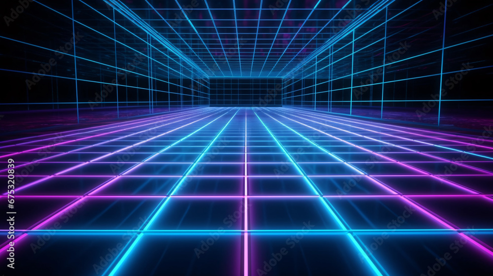 Cyan blue and purple grids neon glow light lines design on perspective floor, creativity, digital, internet, cyberpunk, virtual reality concept, hi tech abstract background. - obrazy, fototapety, plakaty 