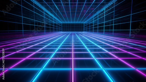 Cyan blue and purple grids neon glow light lines design on perspective floor, creativity, digital, internet, cyberpunk, virtual reality concept, hi tech abstract background.