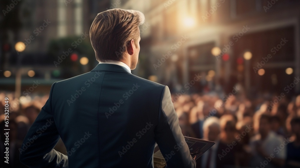 backside of business man holding speech backside of business man holding speech