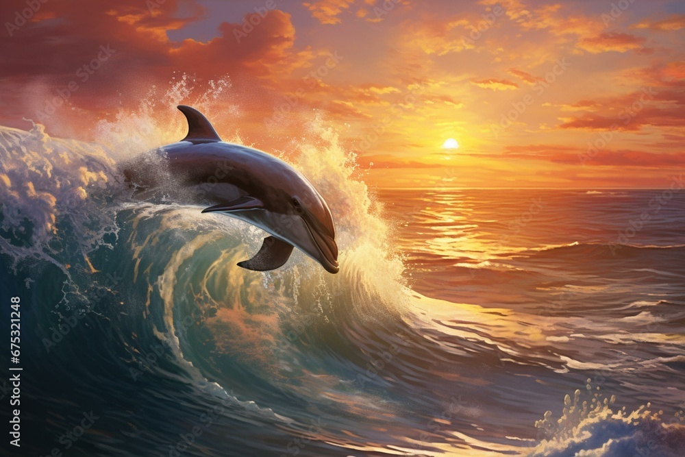 Dolphin leaps across sea waves. Generative AI