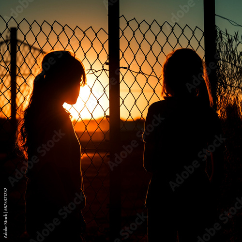 silhouettes of people on a fence