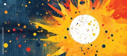 In the abstract summer illustration the hand painted sun with yellow rays and splatter dots creates a vibrant and fun texture against the deep distressed background