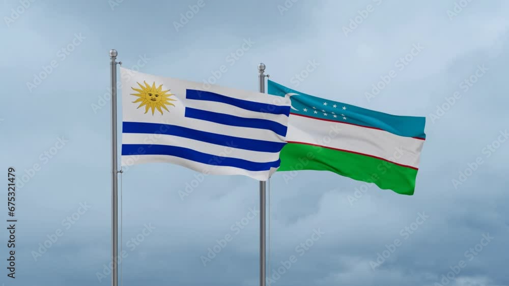 Republic of Uzbekistan and Uruguay flag waving together on cloudy sky, endless seamless loop, two country cooperation concept Republic of Uzbekistan and Uruguay flag waving together on cloudy sky, endless seamless loop, two country cooperation concept