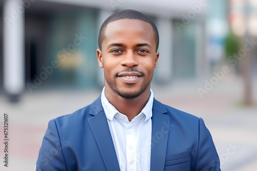 Portrait closeup of african businessman standing at an outdoor city