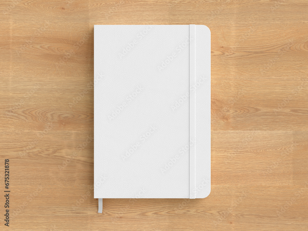 White cover notebook mockup on wooden background White cover notebook mockup on wooden background