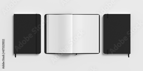 Black cover notebook and opened notebook mockup on white background