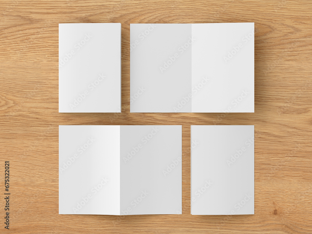 Half-folded flyer vertical A5 booklet mockup on wooden background Half-folded flyer vertical A5 booklet mockup on wooden background