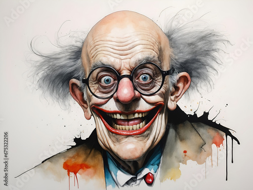 Very funny portrait, weerd caricature of a clown, illustration, comic, poster and tshirt mockup