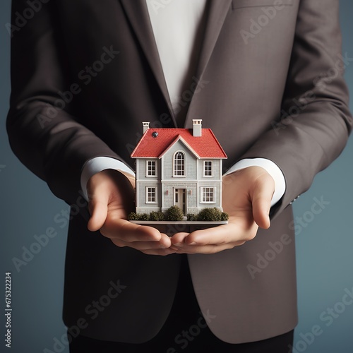 estate agent holding house. marketing concept