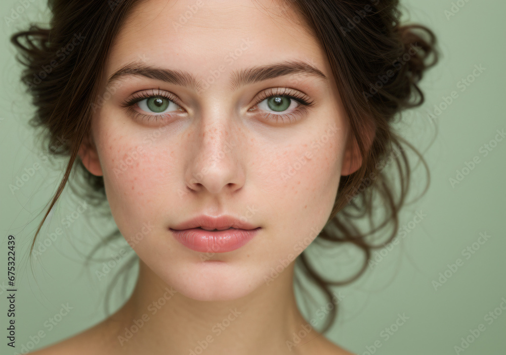 Fototapeta premium Close-up portrait of a brunette woman on green backplate