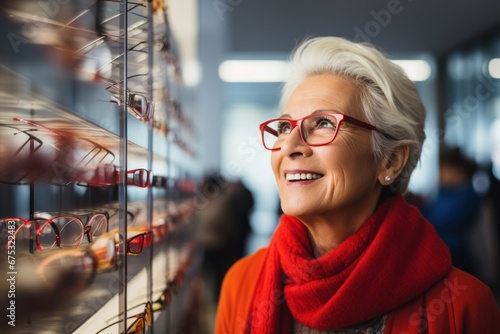 Happy senior lady choosing prescription glasses
