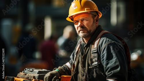 Repairman holding a toolbox and hard hat photo
