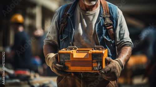 Repairman holding a toolbox and hard hat © sirisakboakaew
