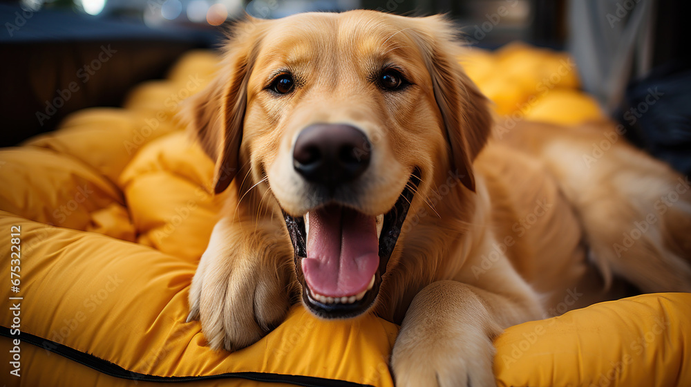 Obraz premium Happy Golden Retriever on Yellow Cushion