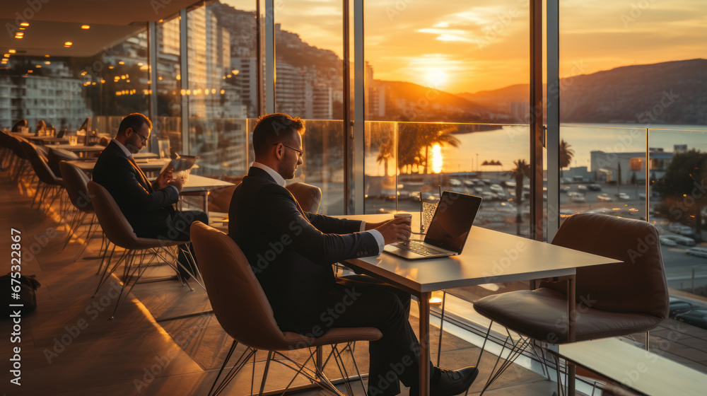 Fototapeta premium Businessman Working During Sunset