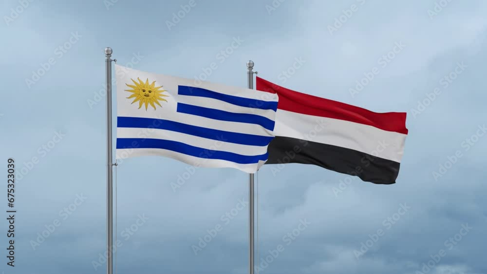 Yemen and Uruguay flag waving together on cloudy sky, endless seamless loop, two country cooperation concept Yemen and Uruguay flag waving together on cloudy sky, endless seamless loop, two country cooperation concept