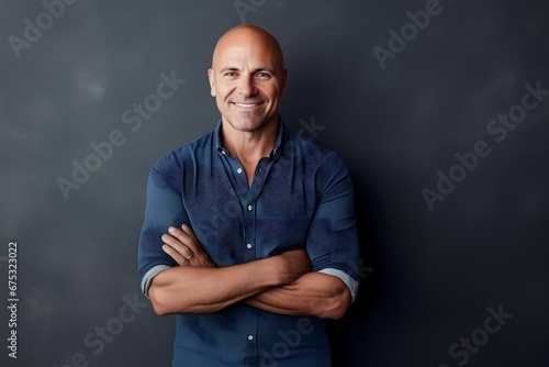 Portrait of a bald man smiling at the camera while standing with arms crossed