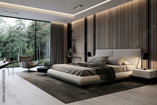 Contemporary bedroom with a modern design. Generative AI