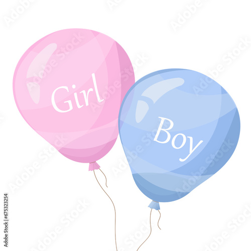 Pink and blue flying balloon, ribbon, birthday celebrate, surprise. Baby shower it's a girl it's a boy greeting card. Helium ballon gift. Cartoon stile. Vector illustration