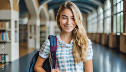 student girl smiling in school library
