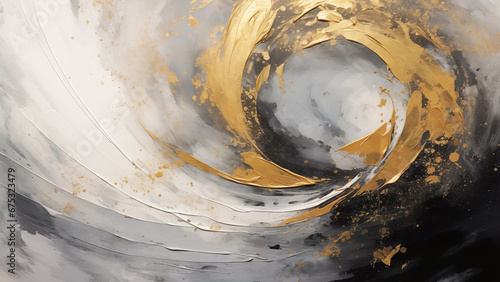 Abstract painting of gold and gray swirls drawn in strip painting technique. photo
