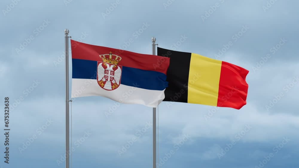 Belgium flag and Serbia flag waving together on cloudy sky, endless seamless loop, two country relations concept Belgium flag and Serbia flag waving together on cloudy sky, endless seamless loop, two country relations concept