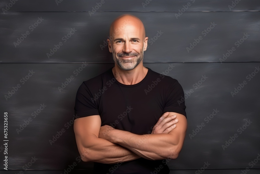 Portrait of a bald man smiling at the camera while standing with arms crossed Portrait of a bald man smiling at the camera while standing with arms crossed