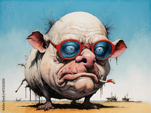 Very funny portrait, weerd caricature of pig, illustration, comic, poster and tshirt mockup photo