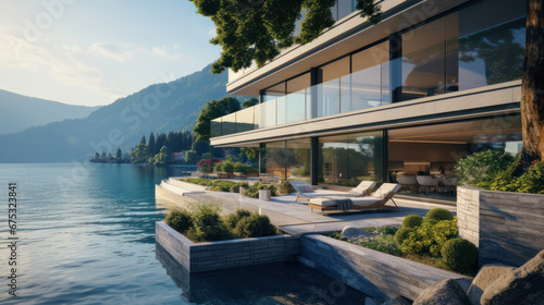 Modern house with direct access to the lake. View from the lake of the house and the landscape surrounding the house. Want to relax and summer. © PaulShlykov