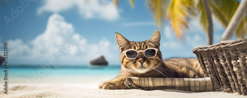 Funny cat with sunglasses on tropical bech drinking fresh juice. Cool cat concept photo