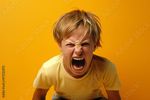 Child boy screaming emotionally, expressing anger, on yellow background, looking at camera