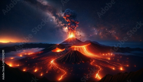 volcanic eruption at night.