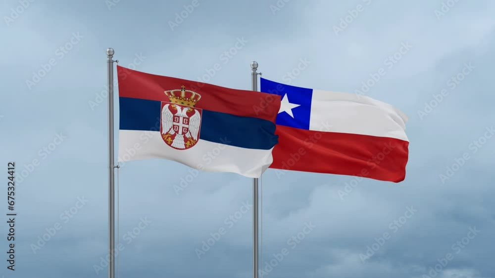 Chile flag and Serbia flag waving together on cloudy sky, endless seamless loop, two country relations concept Chile flag and Serbia flag waving together on cloudy sky, endless seamless loop, two country relations concept