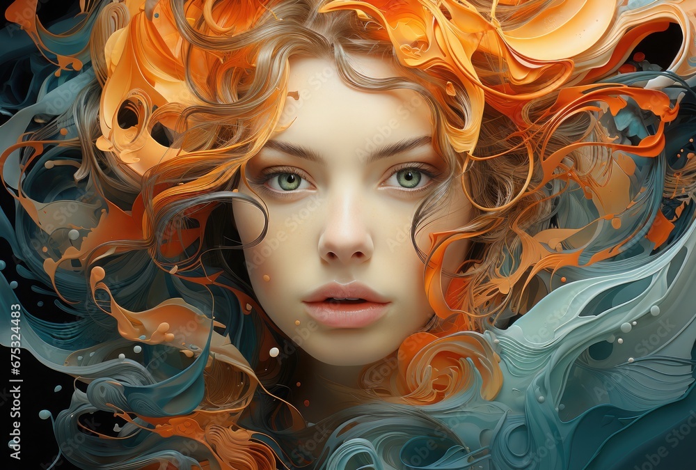 A stunning piece of artwork featuring a realistic depiction of a beautiful woman's face blended with vibrant fluid forms, creating a symphony of colors and shapes. Perfect for vibrant and dynamic A stunning piece of artwork featuring a realistic depiction of a beautiful woman's face blended with vibrant fluid forms, creating a symphony of colors and shapes. Perfect for vibrant and dynamic