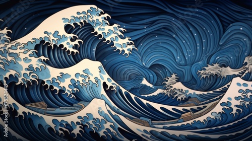 papercut art waves in the ocean.Generative AI