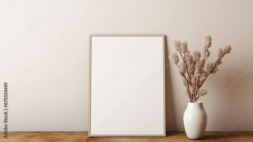 A neatly styled framed canvas and flower pot placed in front of a beige wall. A neatly styled framed canvas and flower pot placed in front of a beige wall.