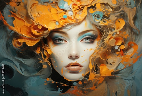 A stunning artwork featuring a beautifully blended symphony of vibrant liquids with a realistic depiction of a woman's face, created in fluid blending style