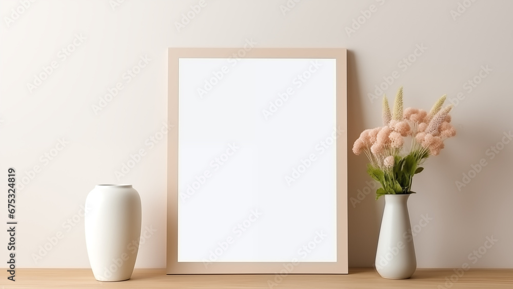 A neatly styled framed canvas and flower pot placed in front of a beige wall. A neatly styled framed canvas and flower pot placed in front of a beige wall.