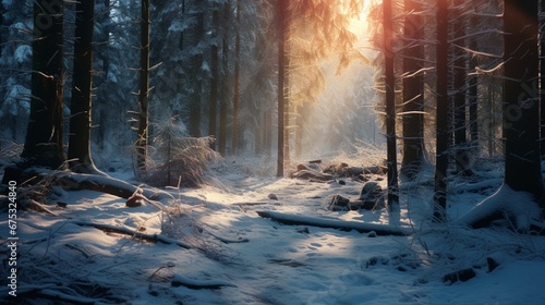 A dense forest blanketed in snow, the morning light casting long shadows between the frosted trees. --