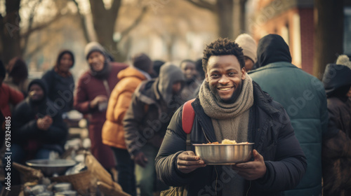 African homeless man in warm clothes eats food. Volunteers distribute food to the poor outdoors. The concept of volunteering, helping.