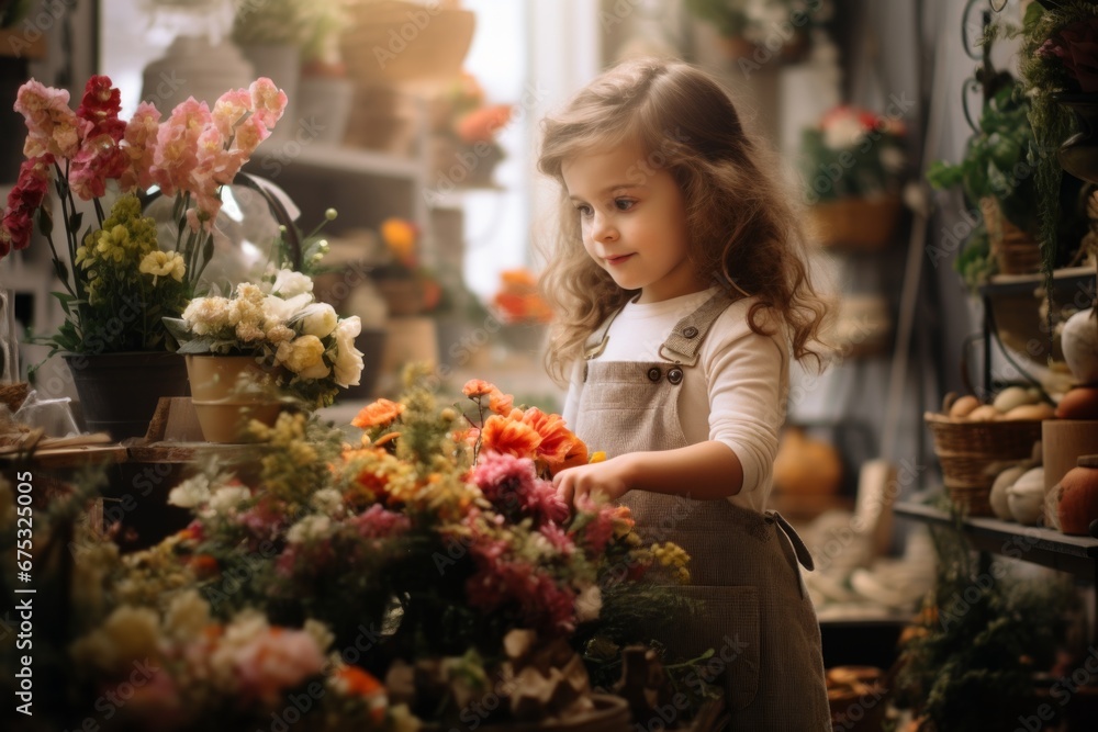 happy girl florist in flower shop