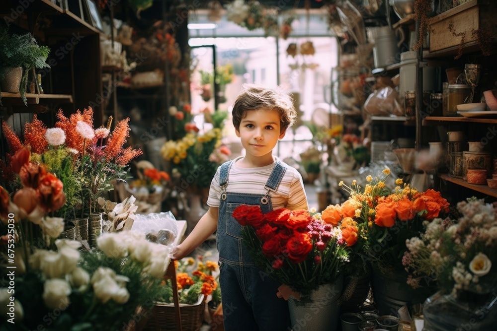 happy boy florist in flower shop