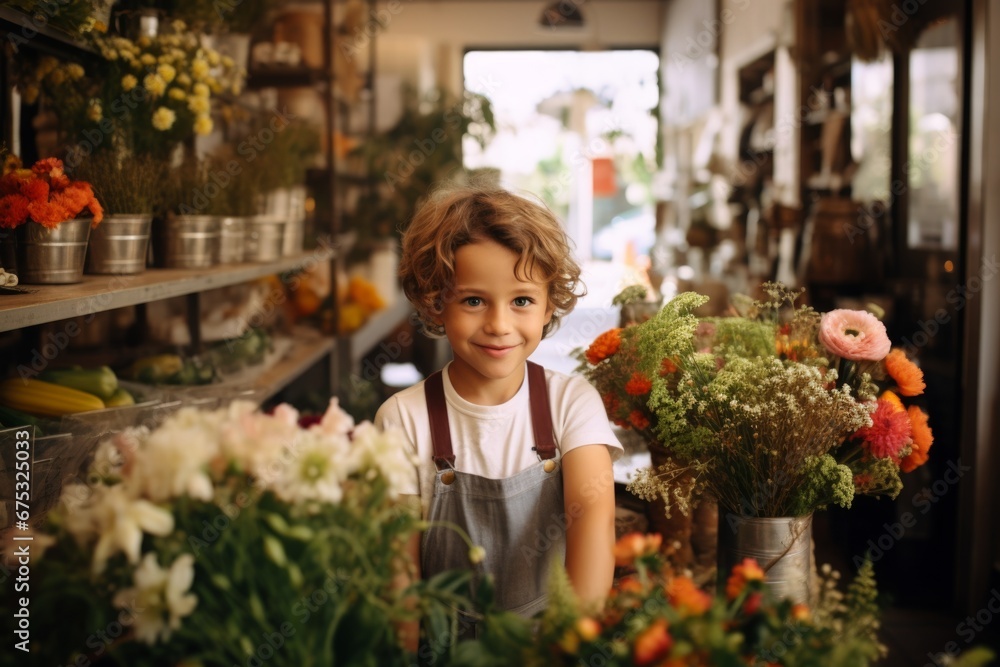 happy boy florist in flower shop